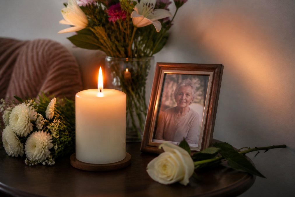 A lit memorial candle on a small table with fresh flowers and a framed photo nearby, creating a peaceful tribute space with warm candlelight casting gentle shadows