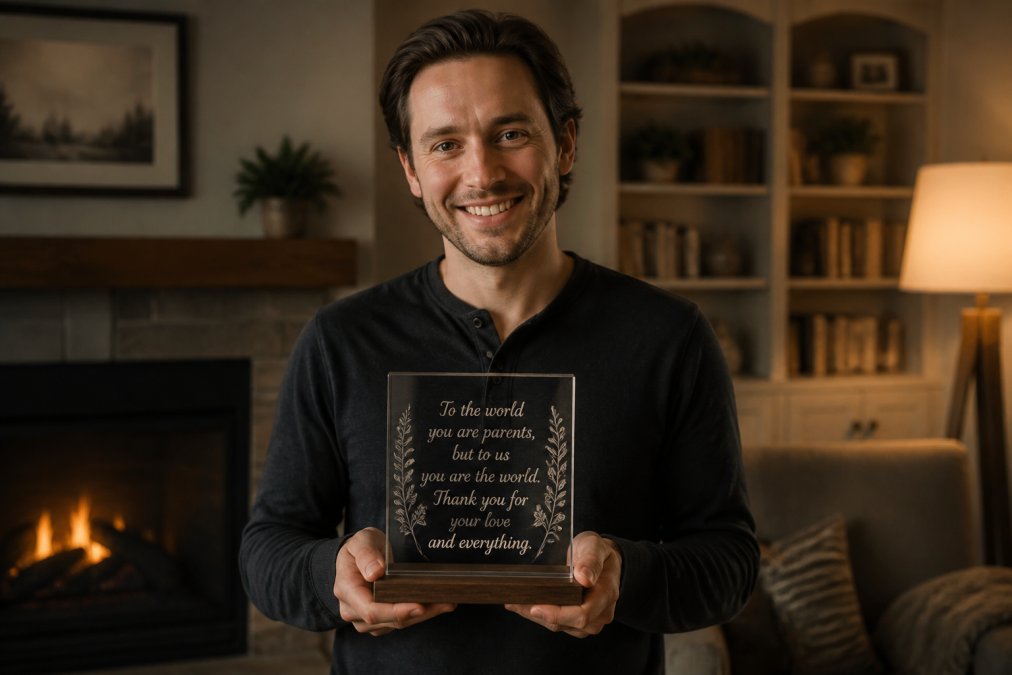 A smiling adult holding a personalized acrylic plaque with a heartfelt engraved message, standing in a cozy living room with warm lamp lighting and a fireplace in the background
