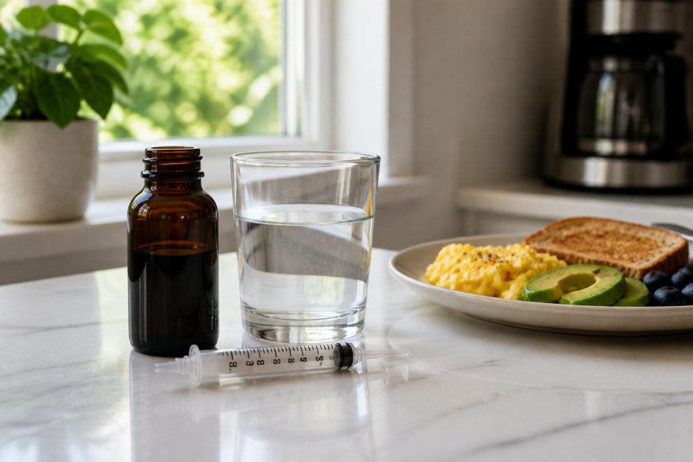 Infographic illustrating the step-by-step morning preparation routine for measuring liquid supplements with a syringe