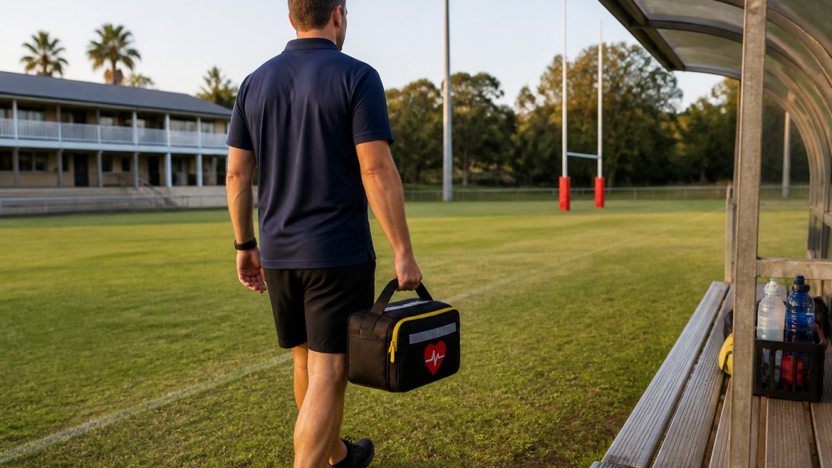 Volunteer carrying a compact defibrillator bag across a sports field toward a clubhouse at sunset.