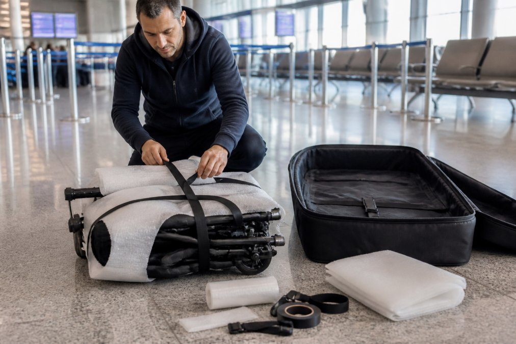 Caregiver wrapping a portable mobility aid in protective padding for air travel at an airport terminal