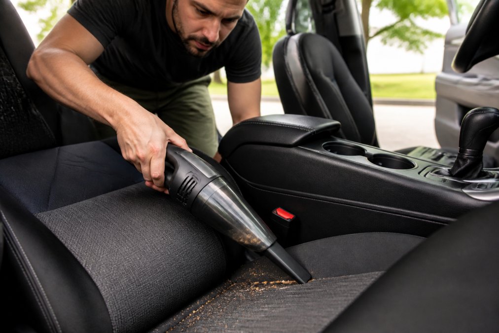 Close-up of a handheld vacuum with a crevice tool being used to clean the gap between a car seat and the center console, debris visible on the dark fabric seat