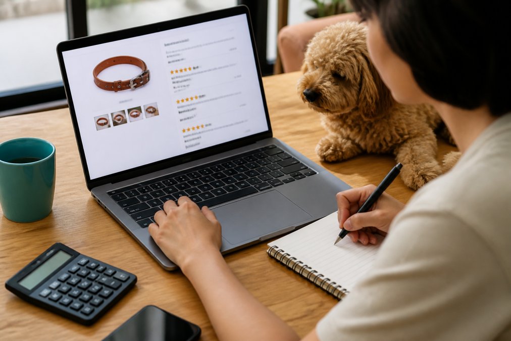 Close-up of someone reviewing a pet product on a laptop screen, carefully checking product labels and reading customer reviews while taking notes