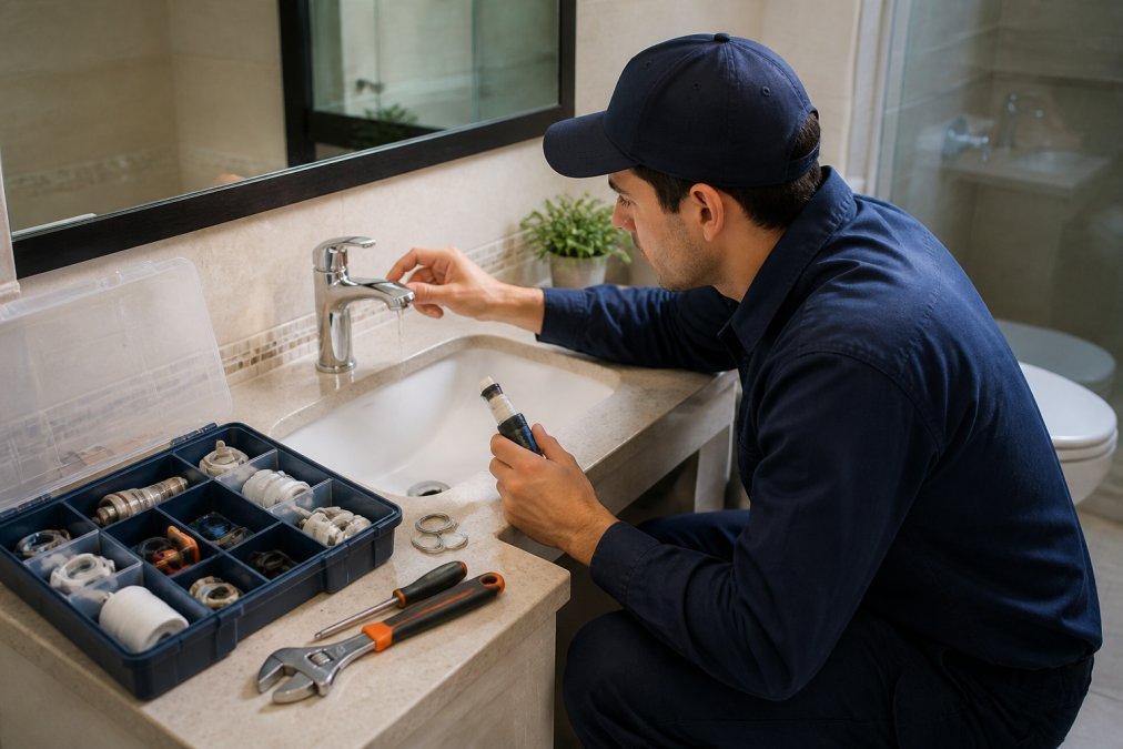 Maintenance technician in uniform carefully examining a leaking bathroom faucet while holding diagnostic tools, with organized pre-kitted repair components visible on a nearby workbench in a well-lit residential bathroom