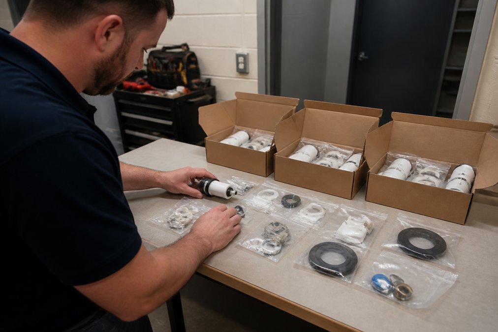 Maintenance technician carefully laying out pre-kitted bathroom repair components on a clean work surface, with organized boxes showing individual parts including cartridges, gaskets, washers, and mounting hardware clearly visible in their original packaging