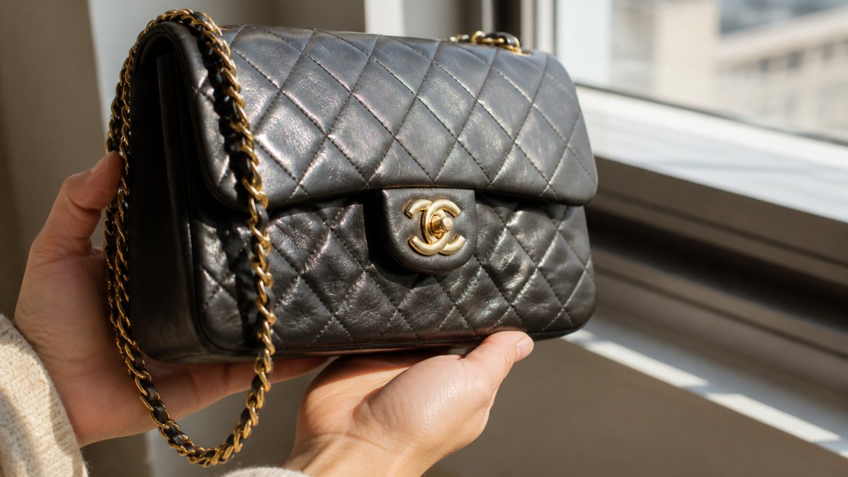 Close-up of hands holding a pre-owned Chanel quilted bag, showing the matelassé diamond pattern texture, leather patina, and gold-tone hardware under natural window light