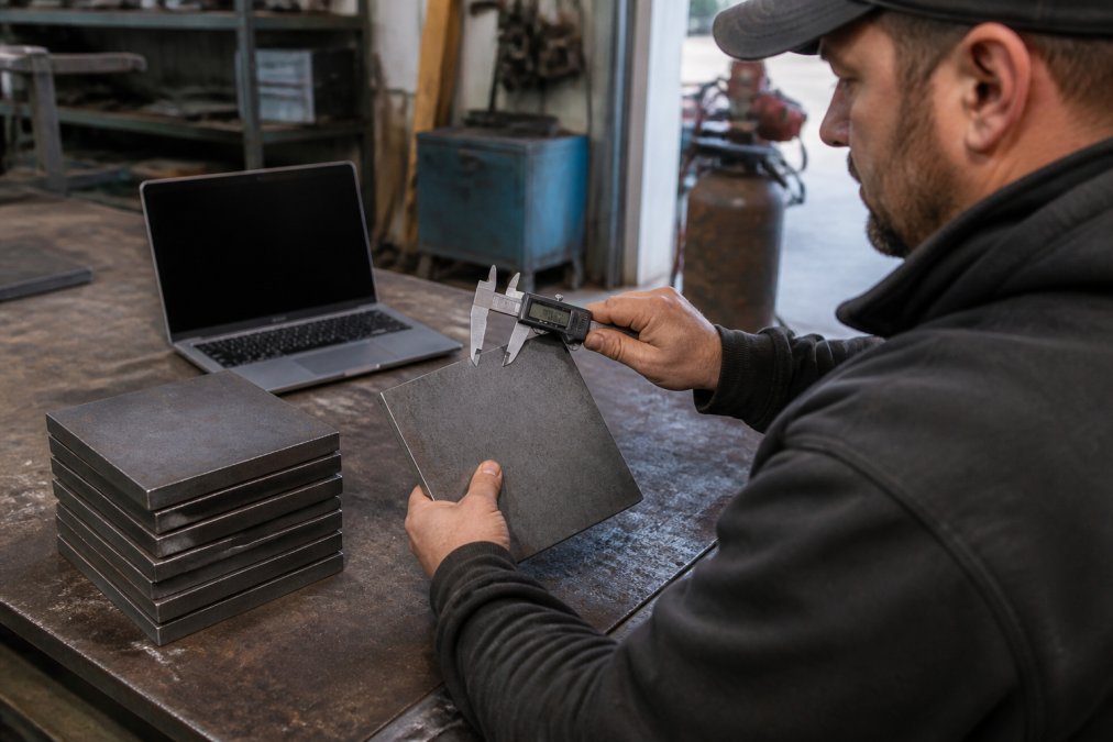 Fabricator measuring a steel plate with calipers while ordering metal online