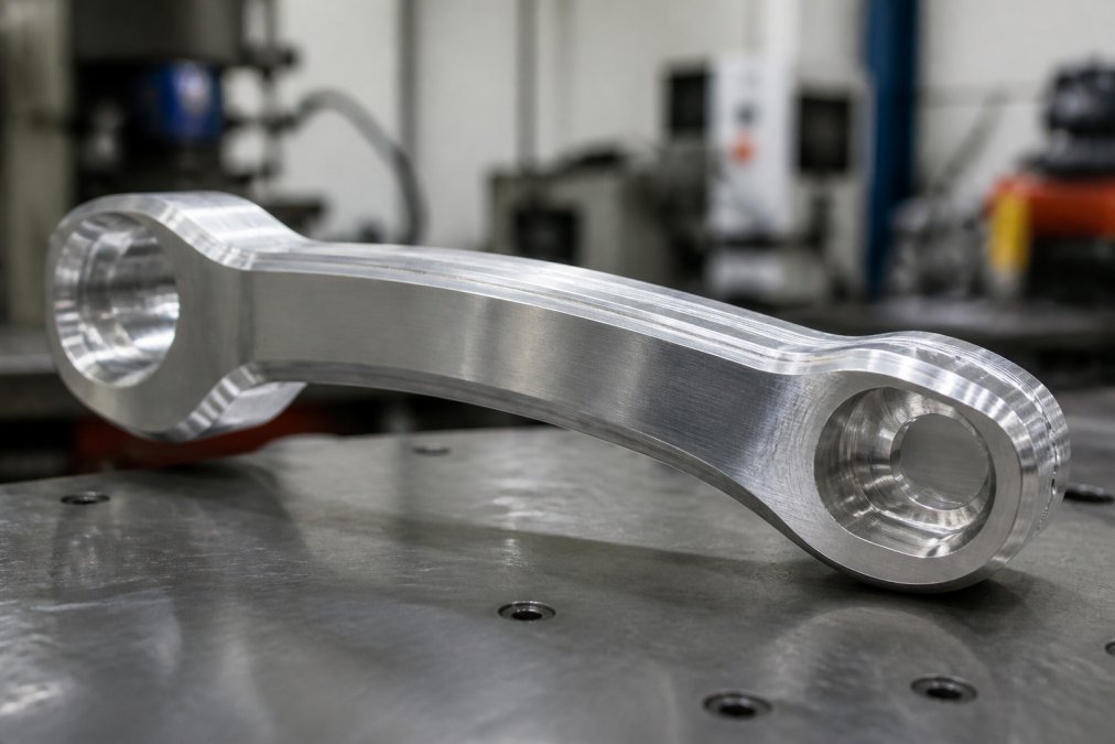 Close-up of precision-machined billet aluminum door handle showing detailed CNC machining marks, brushed surface finish, and solid construction under professional lighting in a manufacturing environment