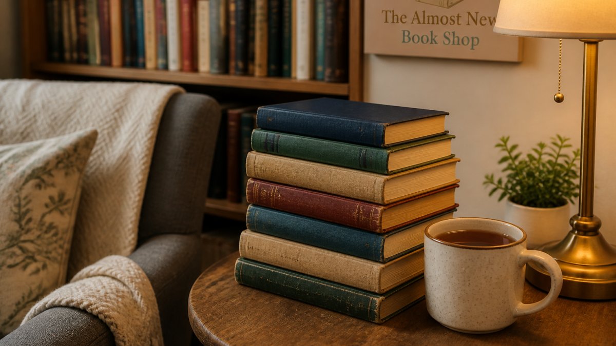 A cosy reading nook with a stack of second-hand hardback books on a wooden side table, a warm lamp casting soft light, and a mug of tea beside them