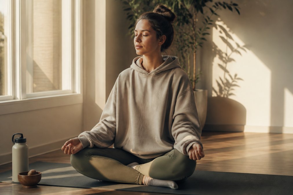 Person wearing an oversized premium affirmation hoodie during morning meditation in natural window light, seated peacefully on a yoga mat with soft sunlight illuminating the fabric's texture and the graphic design, conveying calm intention and mindful self-reflection