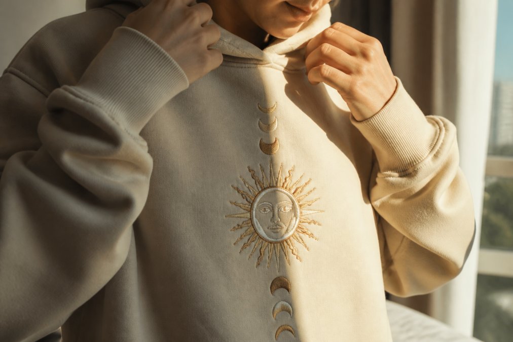 Close-up of someone's hands adjusting an oversized affirmation hoodie with a spiritual graphic print, showing the detailed embroidery or screen print work as they prepare for their day, with natural morning light highlighting the fabric quality and intentional design