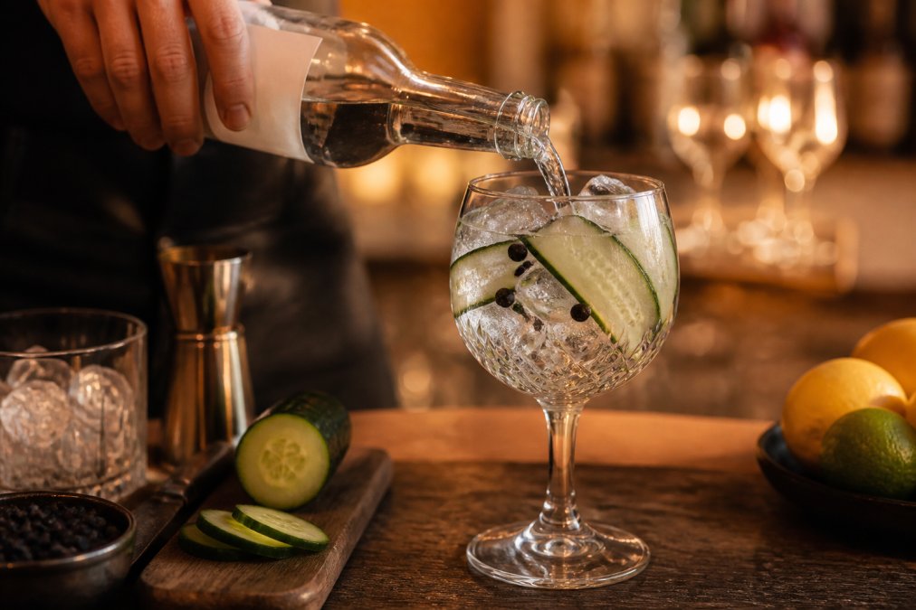 A hand pouring alcohol-free gin into a crystal glass filled with ice, tonic water cascading in, garnished with fresh cucumber slices and juniper berries, warm evening light from a home bar setting