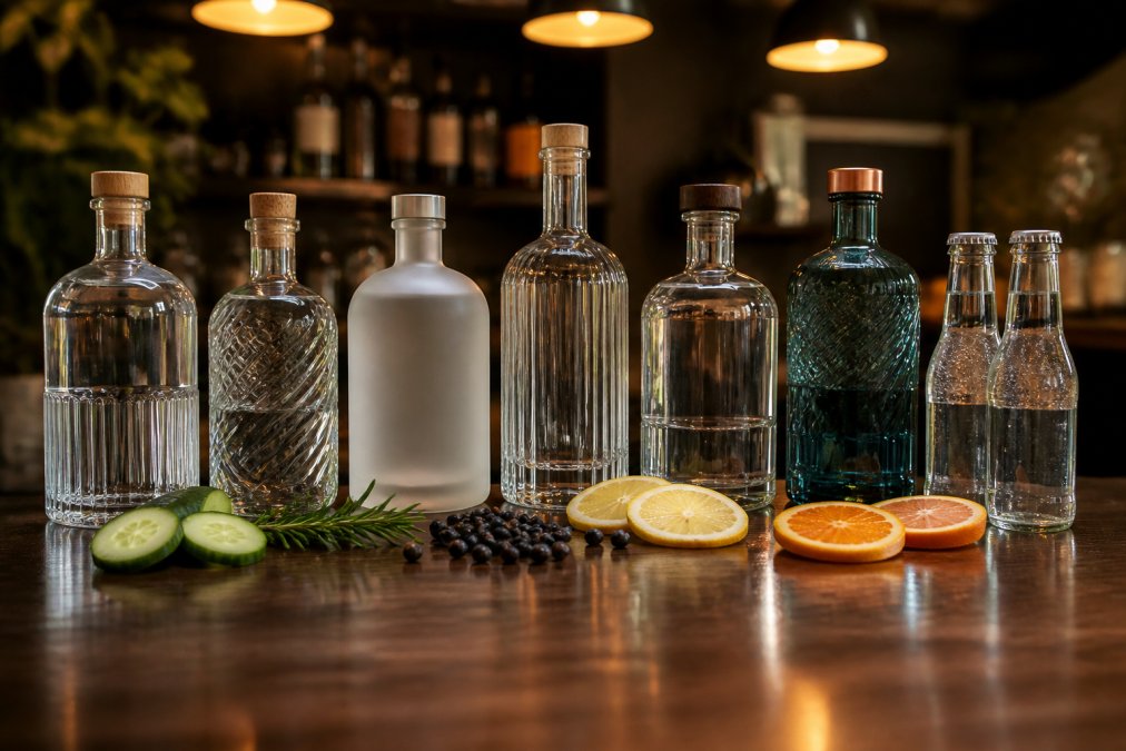 Premium alcohol-free gin bottles arranged on a dark wooden bar counter with fresh botanicals (juniper berries, citrus slices, cucumber, rosemary sprigs) scattered between them, quality tonic bottles visible, soft warm lighting from above