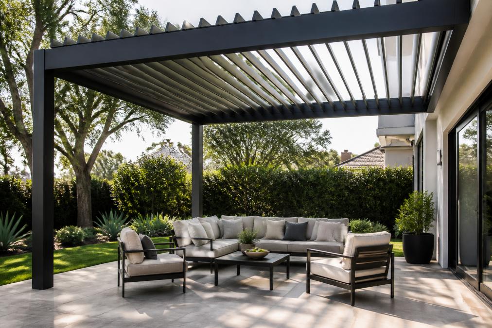 A premium aluminum louvered pergola installed over a modern patio with outdoor furniture, adjustable louvers partially open casting dappled sunlight across a backyard setting