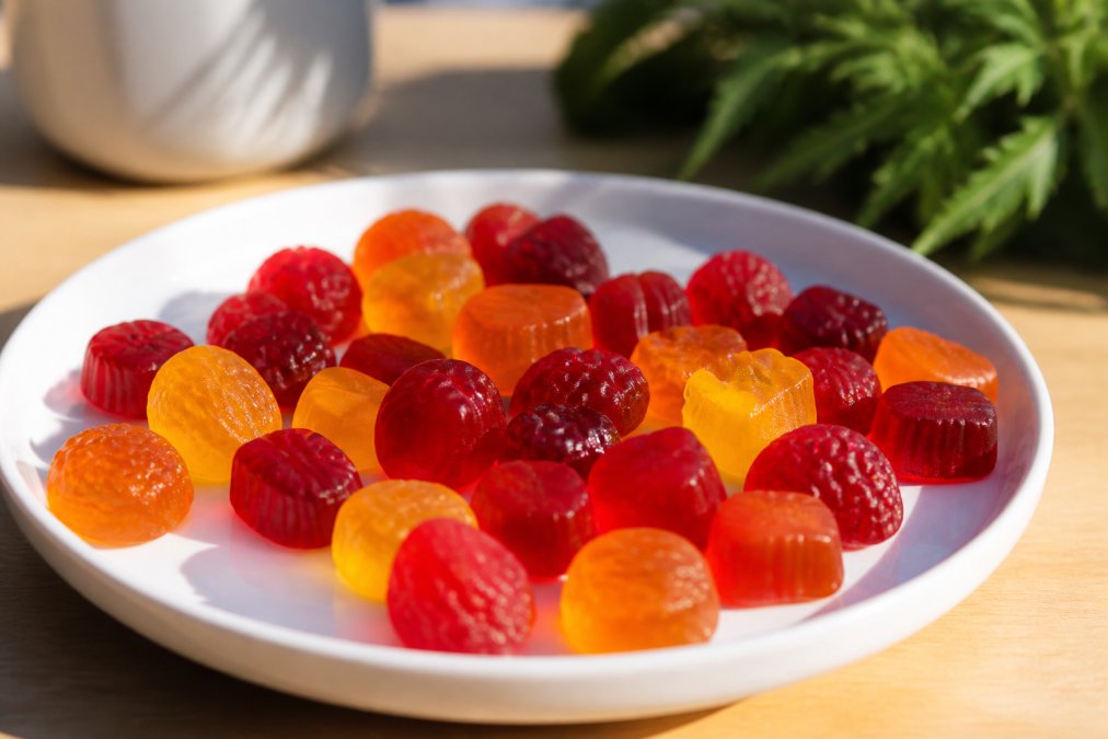 Close-up of colorful artisanal hemp gummies on a white ceramic plate, showing vibrant tropical and cherry hues with natural morning light highlighting the glossy texture and fine details of each gummy