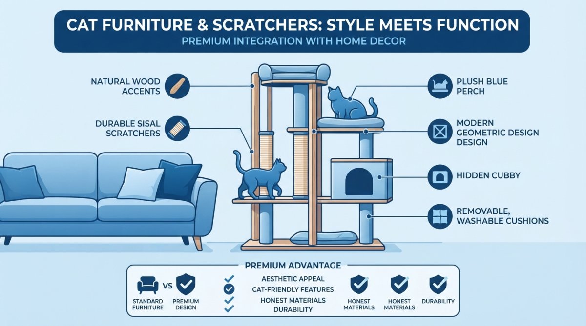 Modern cat tree with natural wood frame and sisal rope posts positioned beside a mid-century sofa in a bright living room with large windows and neutral décor