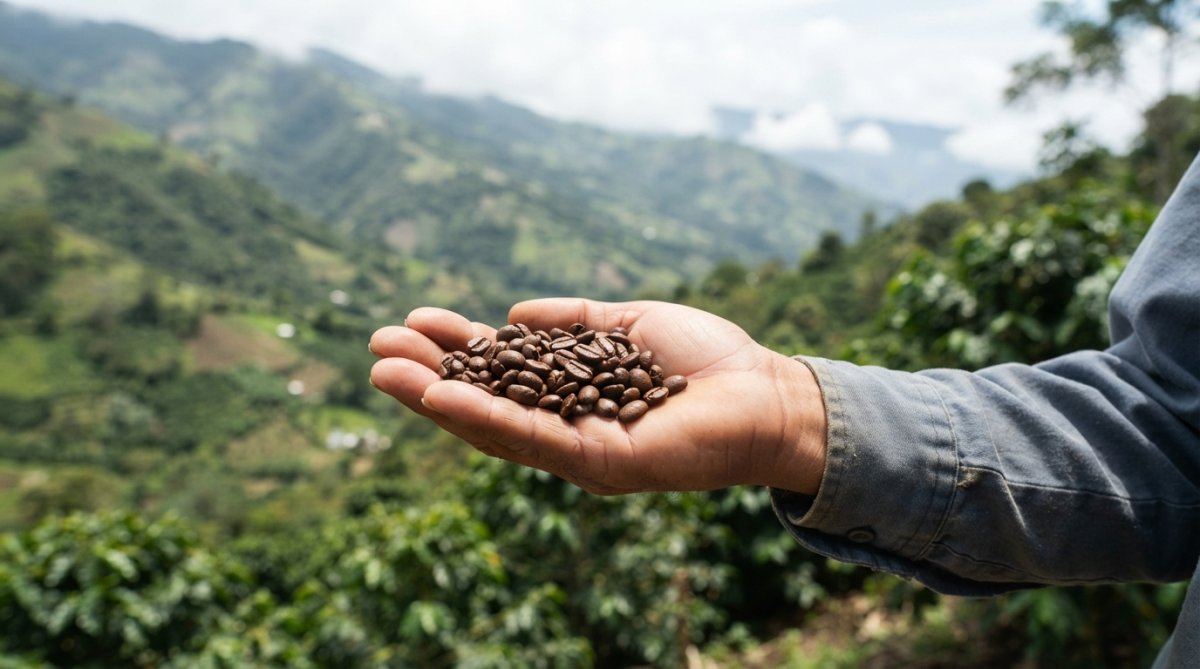 Close-up of premium Colombian whole coffee beans in an open hand, displaying rich chocolate-brown color and uniform size, with misty green coffee farm hills visible in the soft-focused background