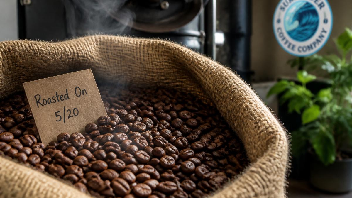 Close-up of freshly roasted whole coffee beans in a burlap sack with roasting date label visible, steam rising, rich color variation shown in natural daylight