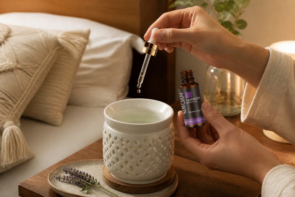 Close-up of hands carefully adding essential oil drops into a ceramic diffuser on a wooden nightstand, with soft warm lighting and a calm, minimalist bedroom environment in the background