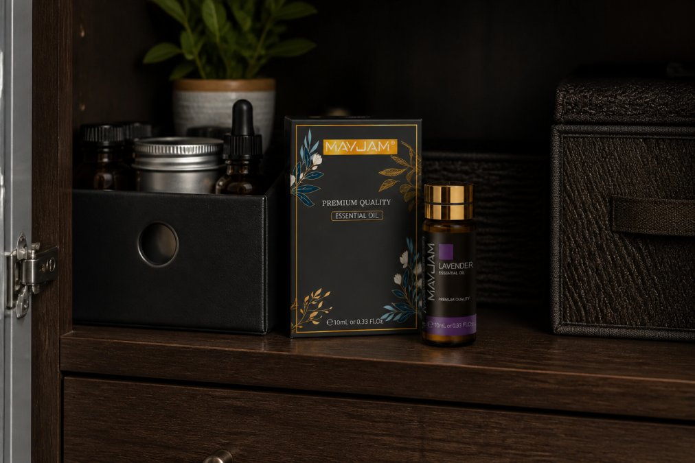 Amber glass essential oil bottles arranged neatly on a cool, dark wooden shelf inside a cabinet, with organized storage containers and minimal light exposure, showing a well-maintained premium oil collection
