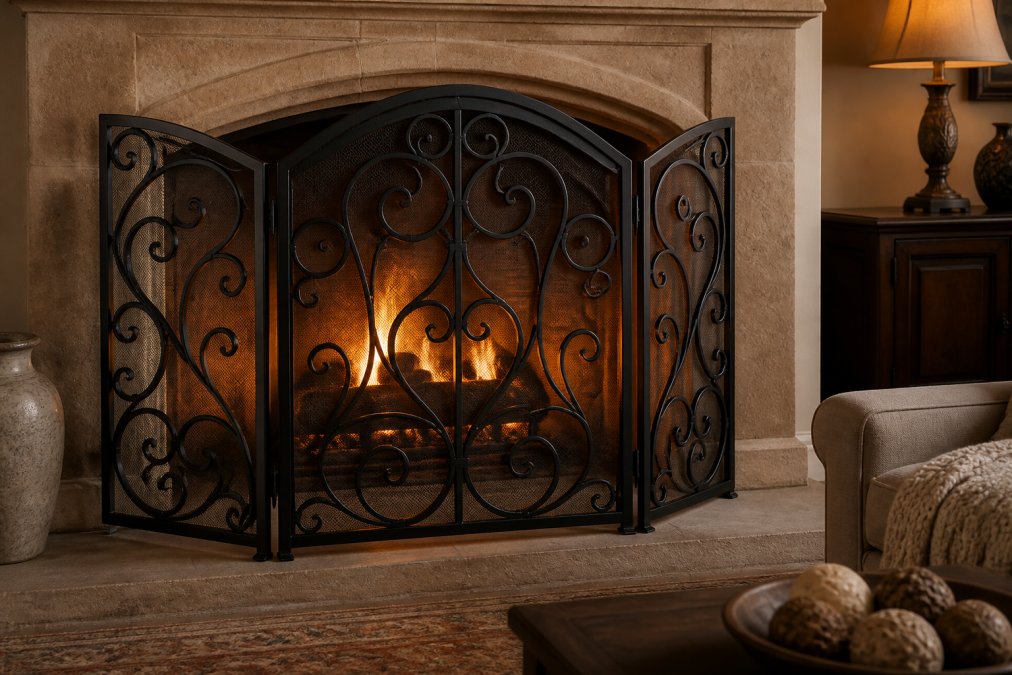 An elegant three-panel folding fireplace screen with ornate scrollwork and traditional design positioned in front of an active fireplace with warm flames, situated in a sophisticated living room with soft ambient lighting from the fire