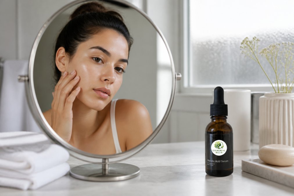 Close-up of a woman in her early 30s examining her skin in a round vanity mirror in a bright, minimal bathroom, with a clean face and soft morning light coming through a frosted window