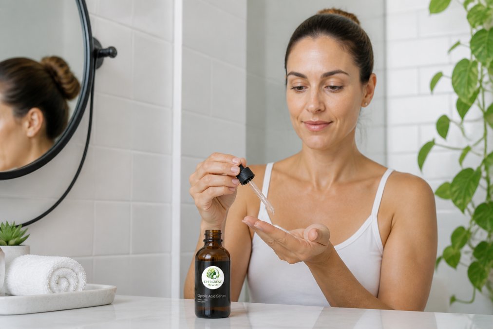 Woman in her 30s applying a few drops of facial serum from a dropper bottle onto her fingertips in a bright, minimal bathroom, looking into the mirror with a clean, freshly washed face, soft white lighting