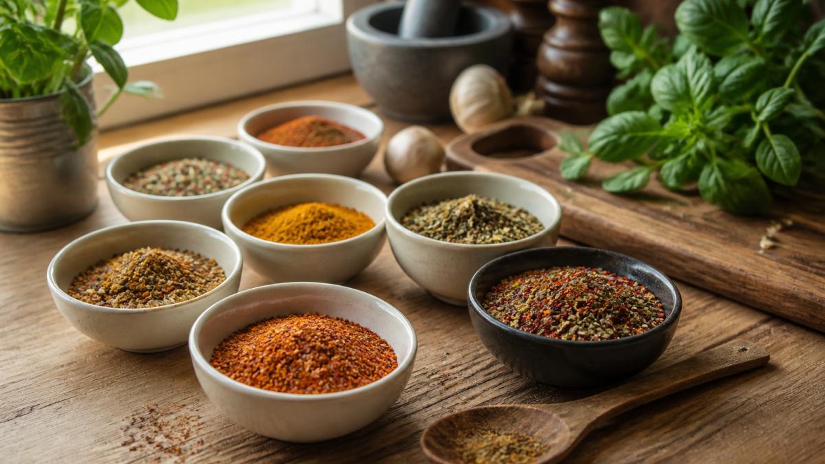 A home cook's kitchen bench in natural daylight with several small bowls of colourful handcrafted spice blends, a wooden spoon, and fresh herbs scattered nearby