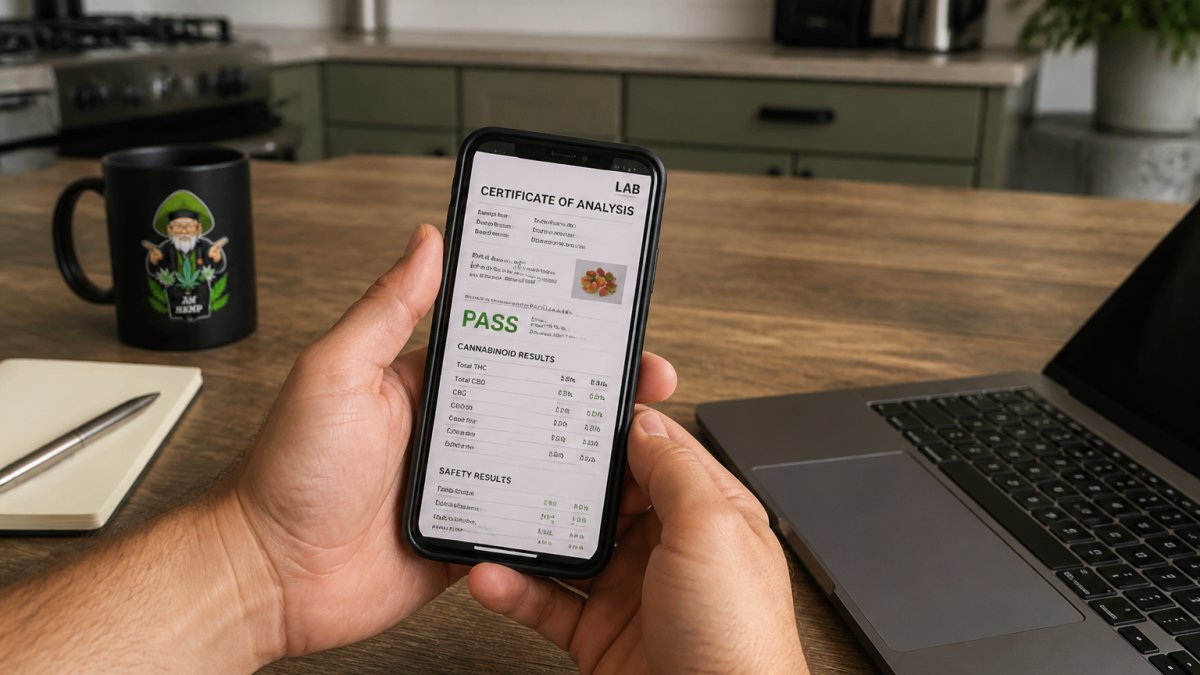 Close-up of hands holding a smartphone displaying a Certificate of Analysis document with lab results, sitting at a kitchen table with a laptop nearby