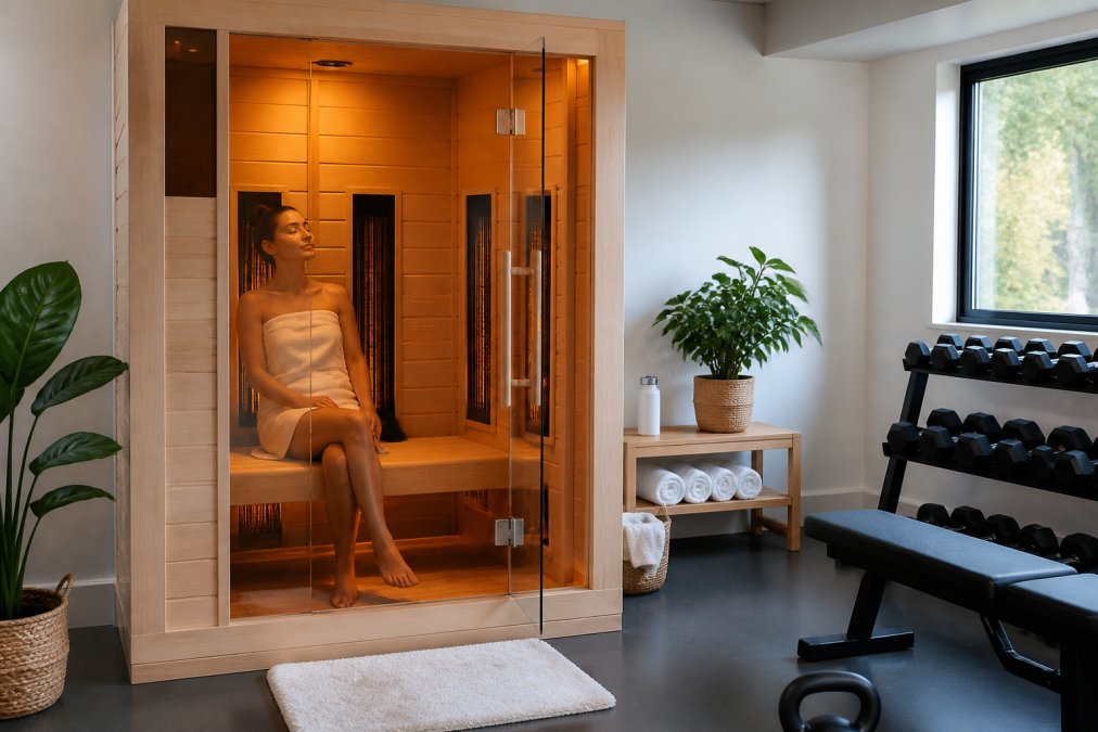 Person relaxing inside a modern Canadian hemlock infrared sauna in a bright home gym setting