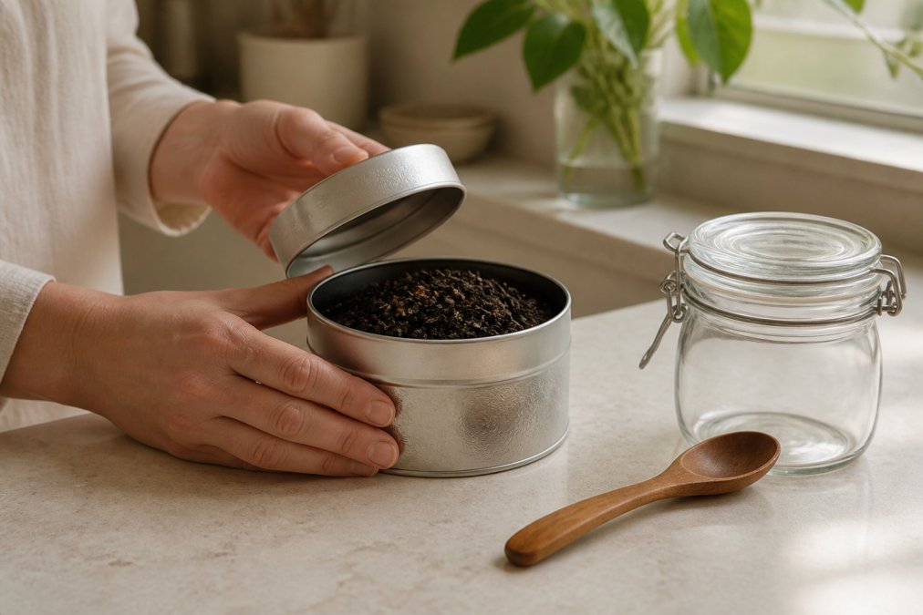 Hands opening a metal tin of loose leaf tea next to a wooden spoon and glass jar on a bright kitchen bench