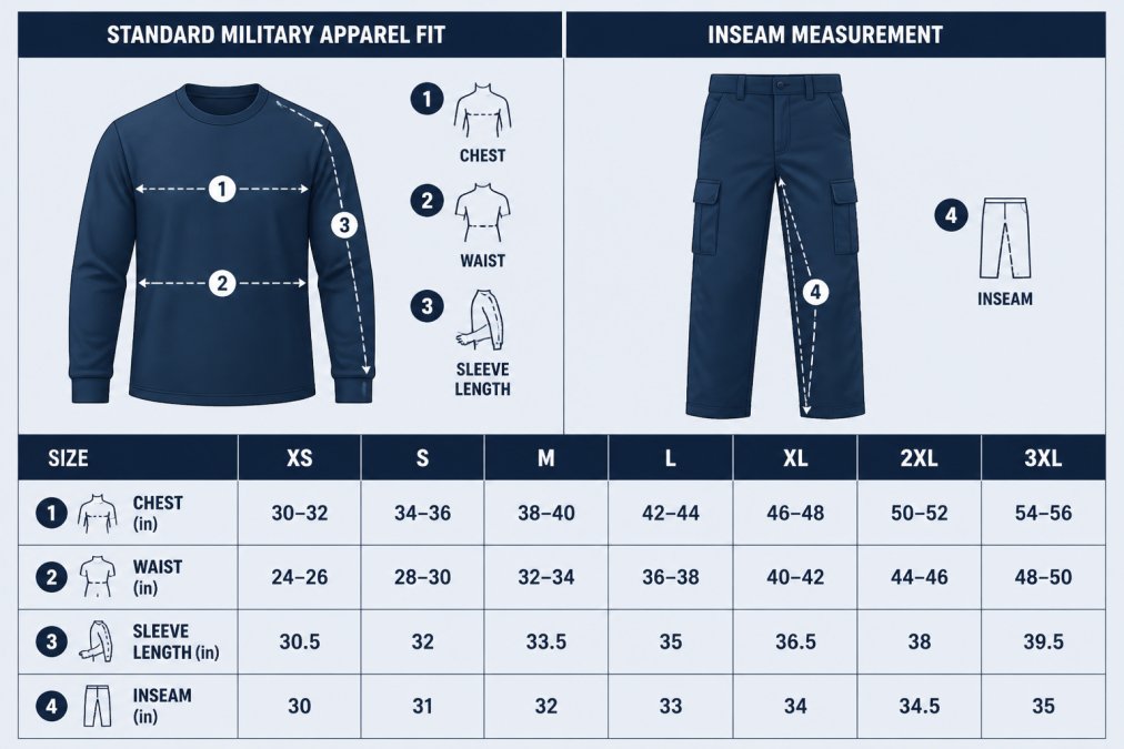 Size comparison matrix showing chest, waist, sleeve length, and inseam measurements across XS to 3XL for standard military apparel cuts