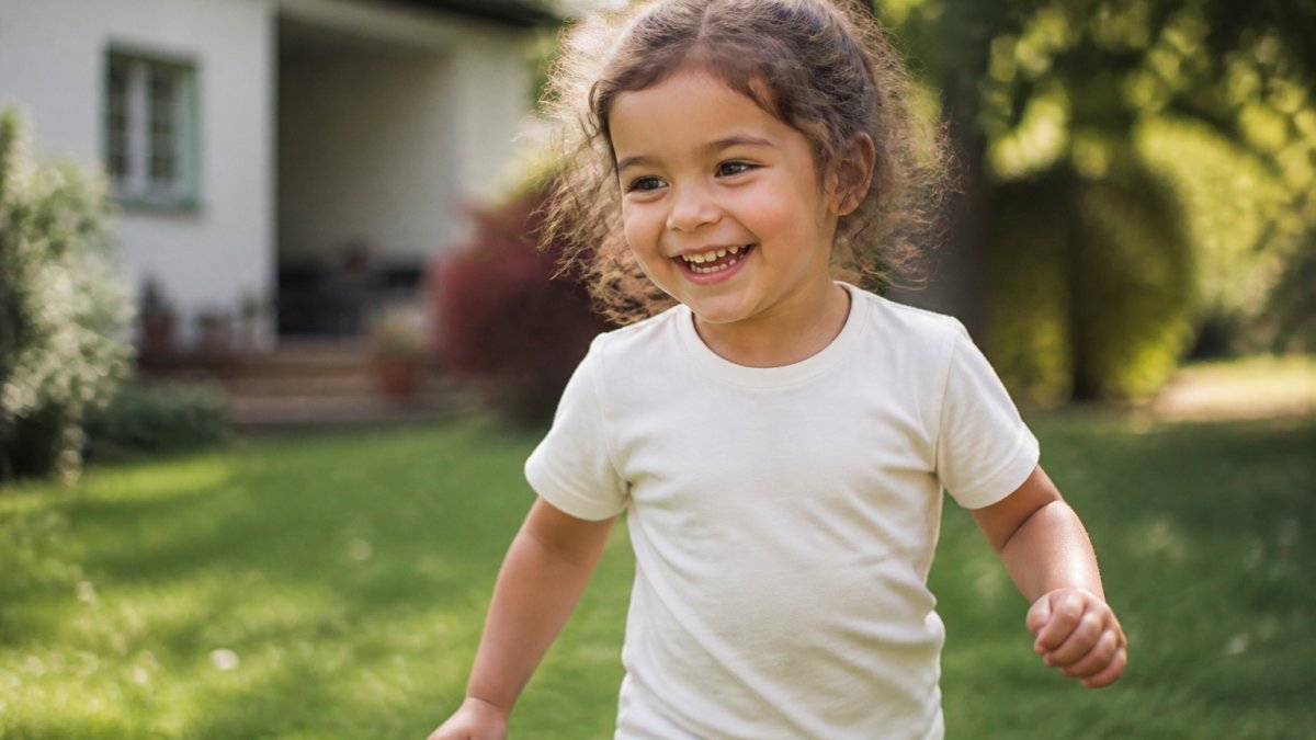 Young child wearing a soft organic cotton tee, playing outdoors with a relaxed, comfortable expression, showing the fabric's gentle fit during active play
