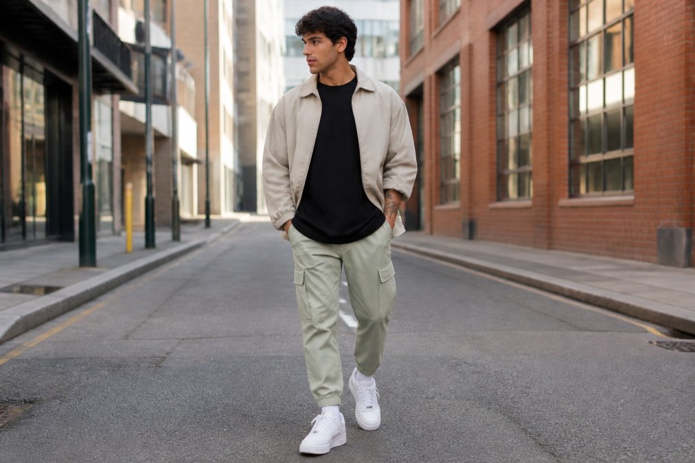 Young man wearing a heavy oversized black tee layered with a light neutral jacket, paired with tapered cargo pants and clean white trainers, standing in an urban street setting with natural daylight