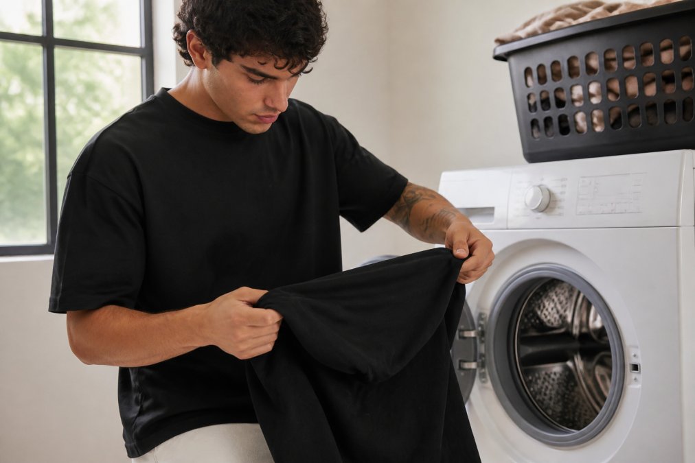 Hands carefully folding an oversized tee inside-out before placing it into a washing machine, showing attention to garment care with natural daylight through a window