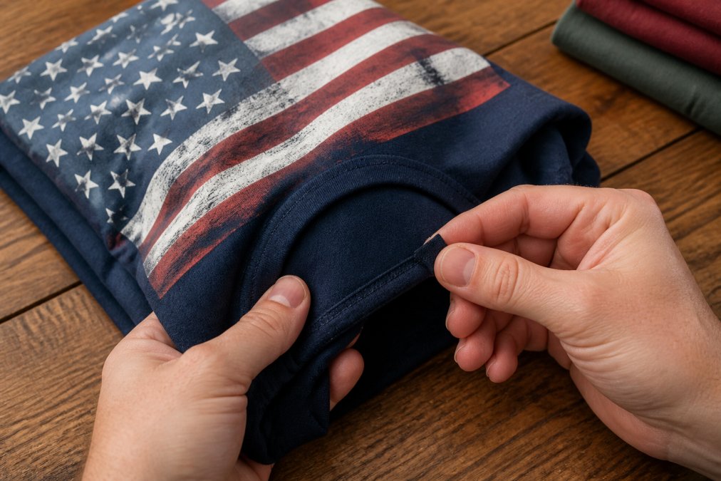 Close-up of hands inspecting the stitching and fabric tag on a folded American flag graphic tee on a wooden table