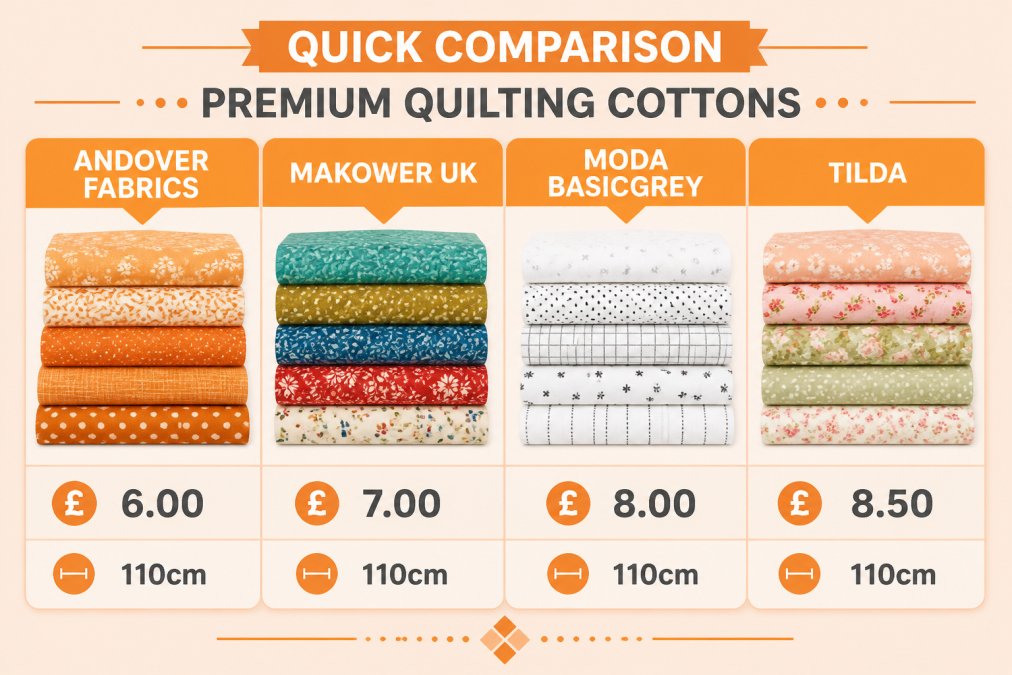 Comparison matrix of quilting cotton collections showing Andover Fabrics at £6.00 per 50cm in orange, Makower UK at £7.00 in green/teal/gold/blue/red, Moda BasicGrey at £8.00 in white, and Tilda at £8.50 in orange/pink/green, all at 110cm width