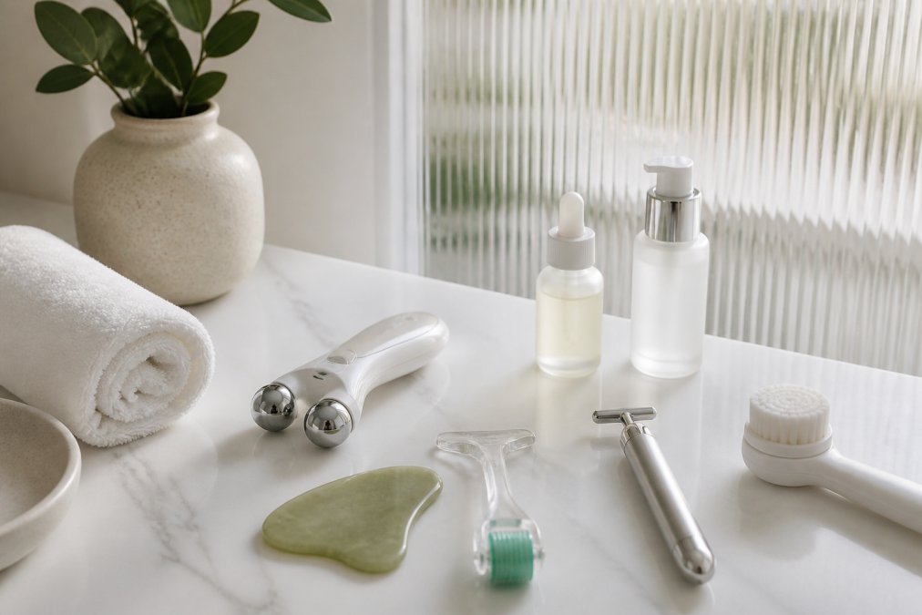 Woman applying serum to her face with a microcurrent device in a bright, minimalist bathroom with soft natural light filtering through frosted glass