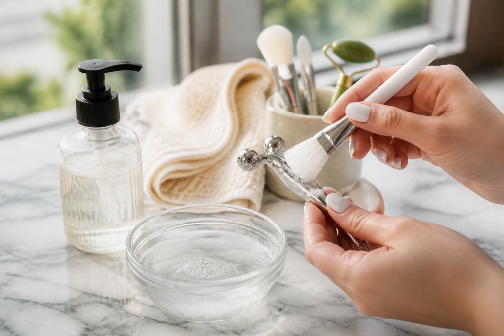 Close-up of hands cleaning a facial tool with a soft brush and gentle cleanser on a marble countertop, with natural daylight from a window