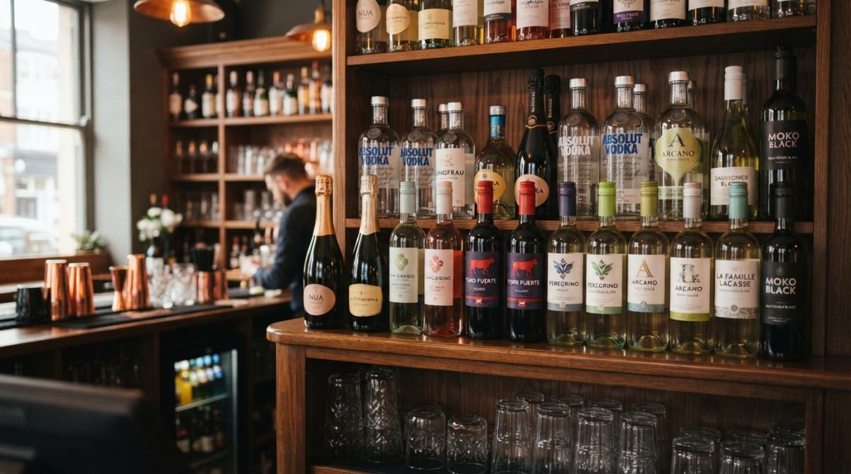 Professional illustration showing well-organised and bar and shelf concepts for premium spirits for bars