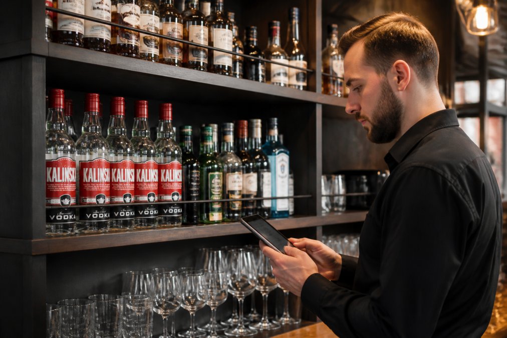 Bar manager reviewing digital stock levels on a tablet while standing in front of organised shelves of premium spirits and drinks in a modern pub setting