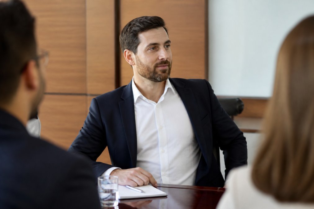 Professional man in crisp white dress shirt and dark blazer sitting confidently at a polished conference table during a business meeting, no visible sweat marks under arms or on chest, natural office lighting