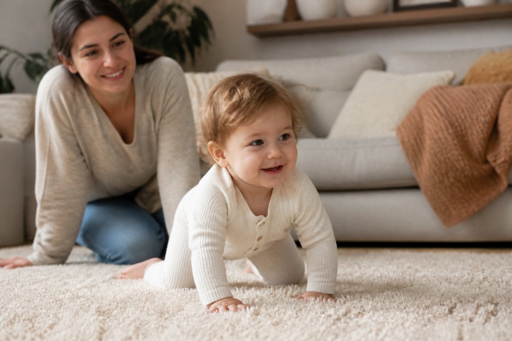 Happy toddler in a premium toddler clothing organic cotton outfit playing on a cozy living room rug near a parent