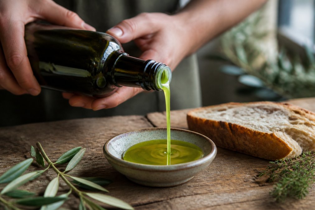 Cloudy green olive oil pouring from a glass bottle into a ceramic bowl with crusty bread and fresh herbs on a wooden table