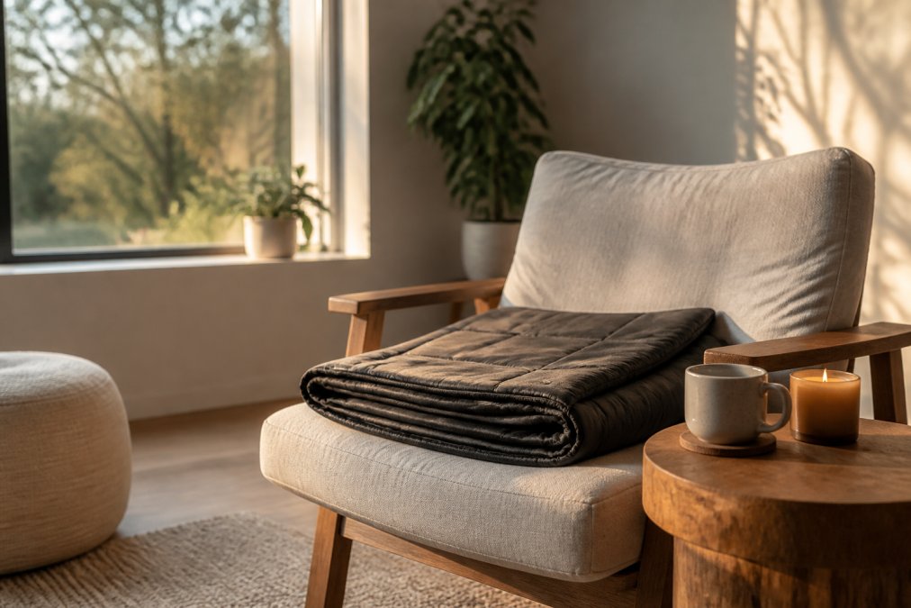 A calm corner of a modern home with a folded red light therapy blanket resting on a linen chair, a small side table holding a ceramic mug and a candle, soft late-afternoon light coming through a window