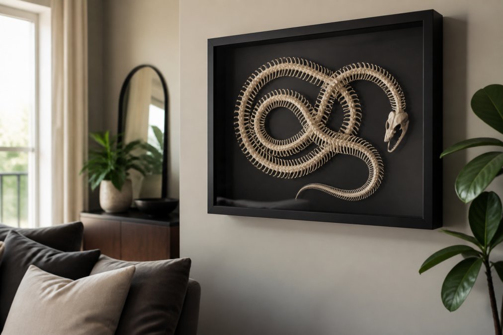 Close-up photograph of a coiled snake skeleton displayed in a black shadowbox frame on a neutral wall in a modern living room, soft natural light highlighting the intricate bones