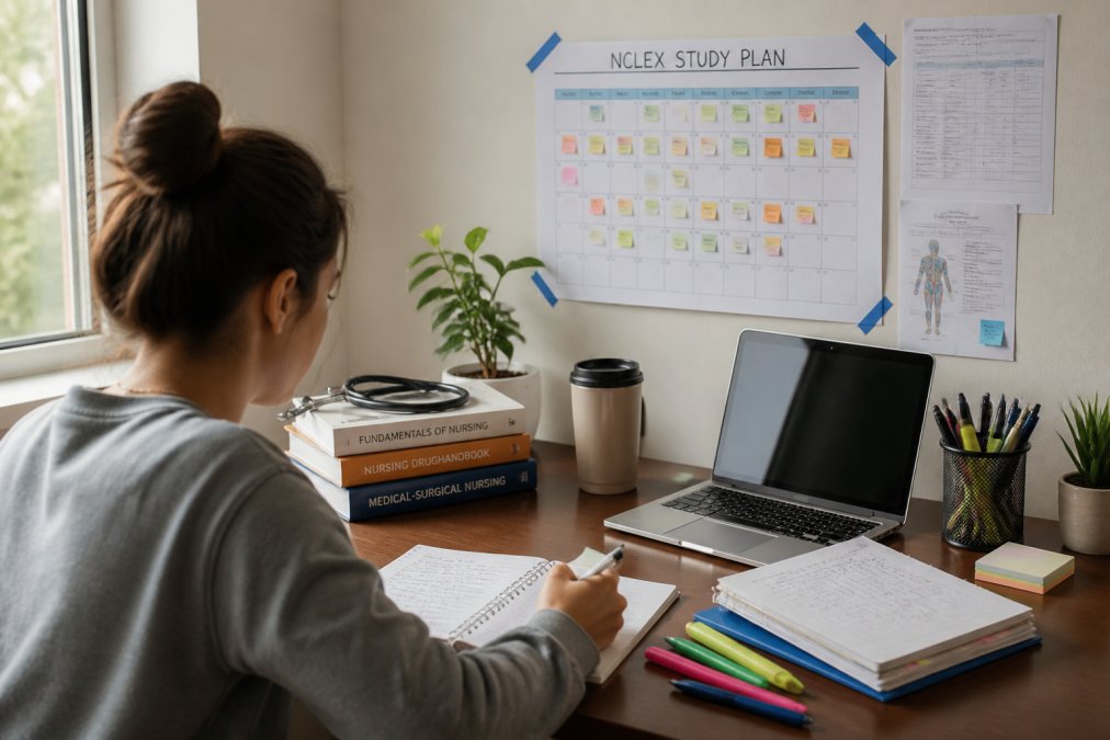 A nursing student at a tidy desk with a printed study calendar taped to the wall, highlighters and sticky tabs scattered beside a laptop showing a weekly study schedule, morning light through a window