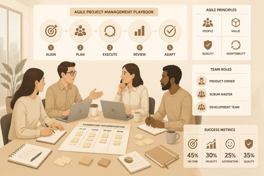 Agile team collaborating around a table with laptops, notebooks, and sticky notes visible, discussing framework implementation in a modern office setting