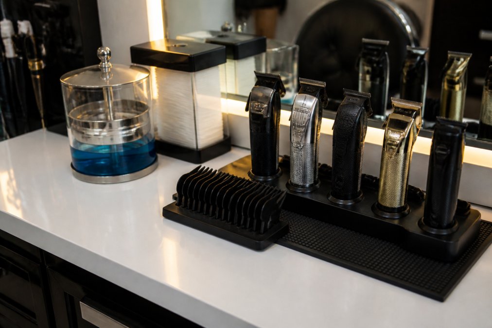 A well-organized barbershop station showing a magnetic mat with clippers and trimmers secured upright, a ten-slot clipper guard holder, an acrylic disinfecting jar, and a neck strip dispenser arranged on a clean white backbar counter under warm overhead lighting