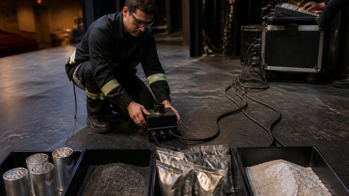 A pyrotechnician in flame-resistant clothing and safety glasses positioning a flash pot device on a dark stage floor, cables running to a control board in the wings